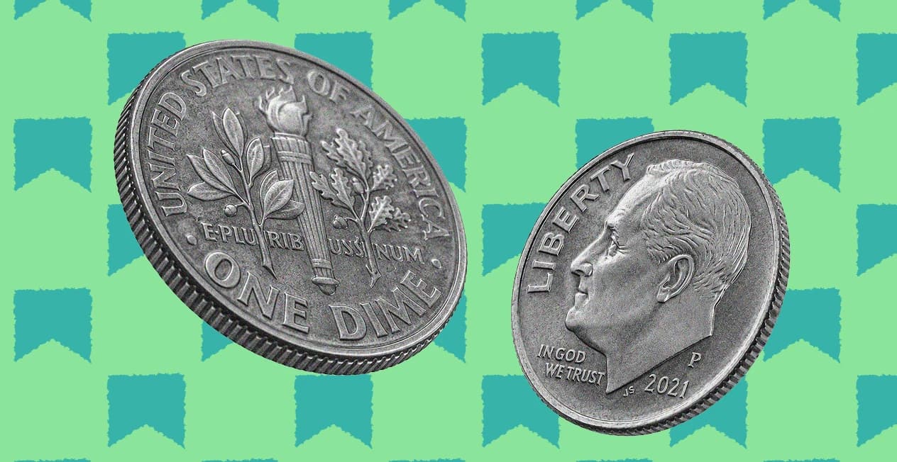 Two dimes on a green banner pattern