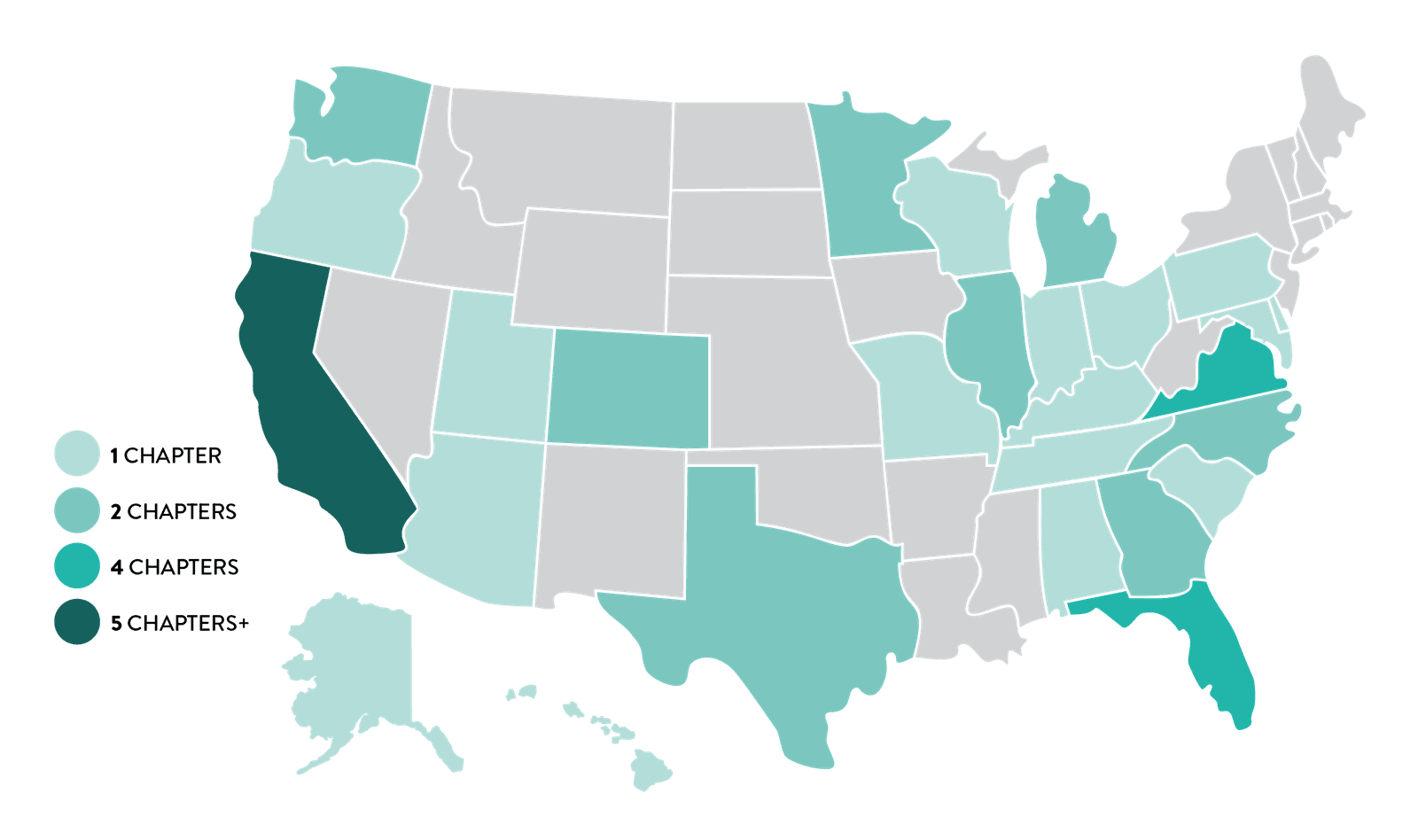 Map of the United States shaded by how many YIMBY Action chapters each state has