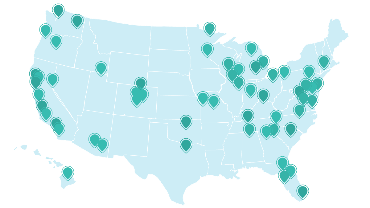 Map of the United States with a pin for every YIMBY Action chapter